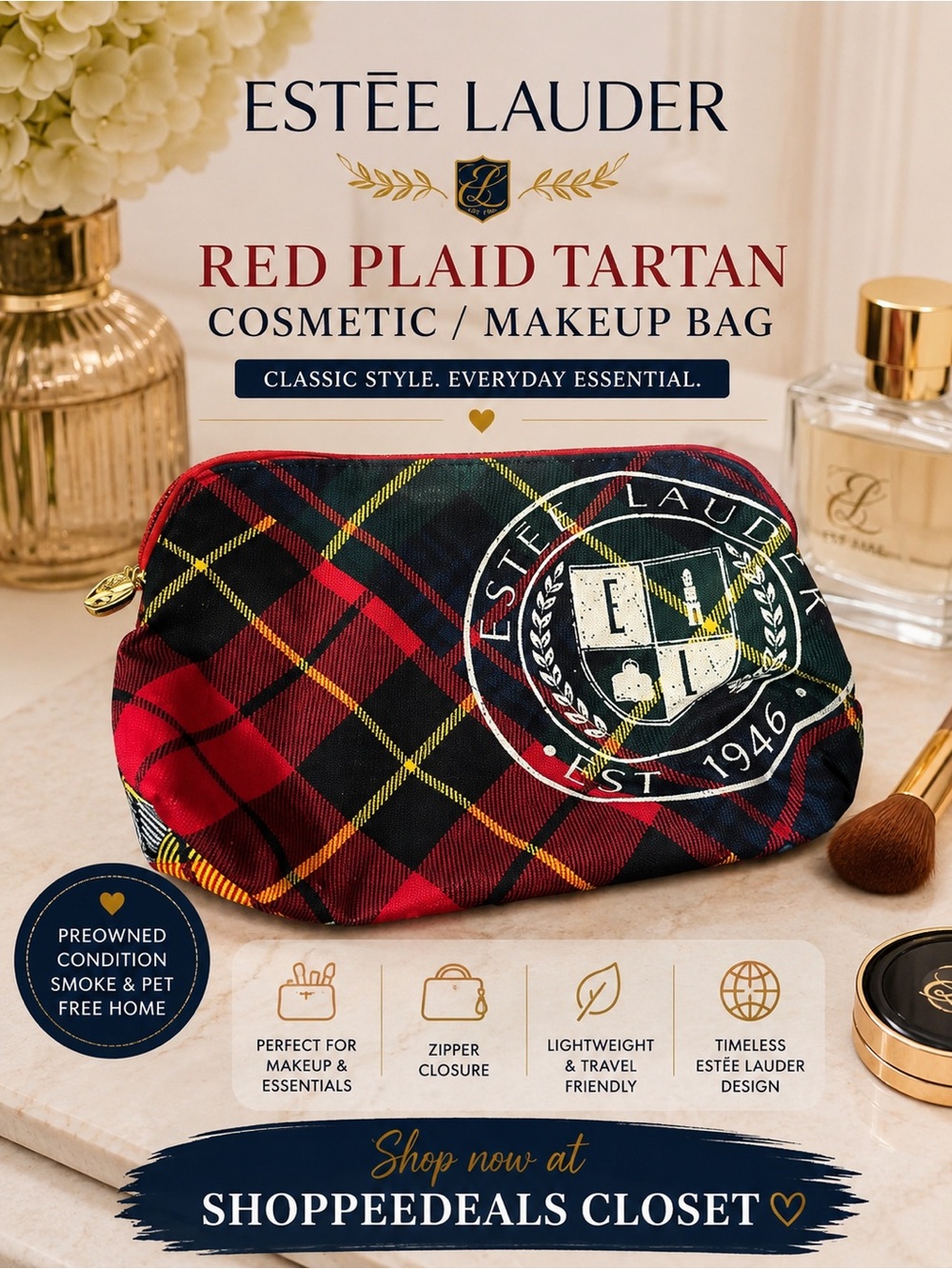 Estée Lauder Red Plaid Tartan Cosmetic / Makeup Bag
